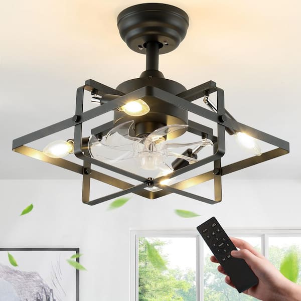 16 in. Farmhouse Black Ceiling Fan with Light Indoor Industrial Fandelier Ceiling Fan with Remote Reversible Fan Blades