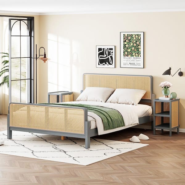 Harper & Bright Designs Rustic Style Gray Wood Frame Full Size Platform Bed with 2-Nightstands, Rattan Headboard and Footboard