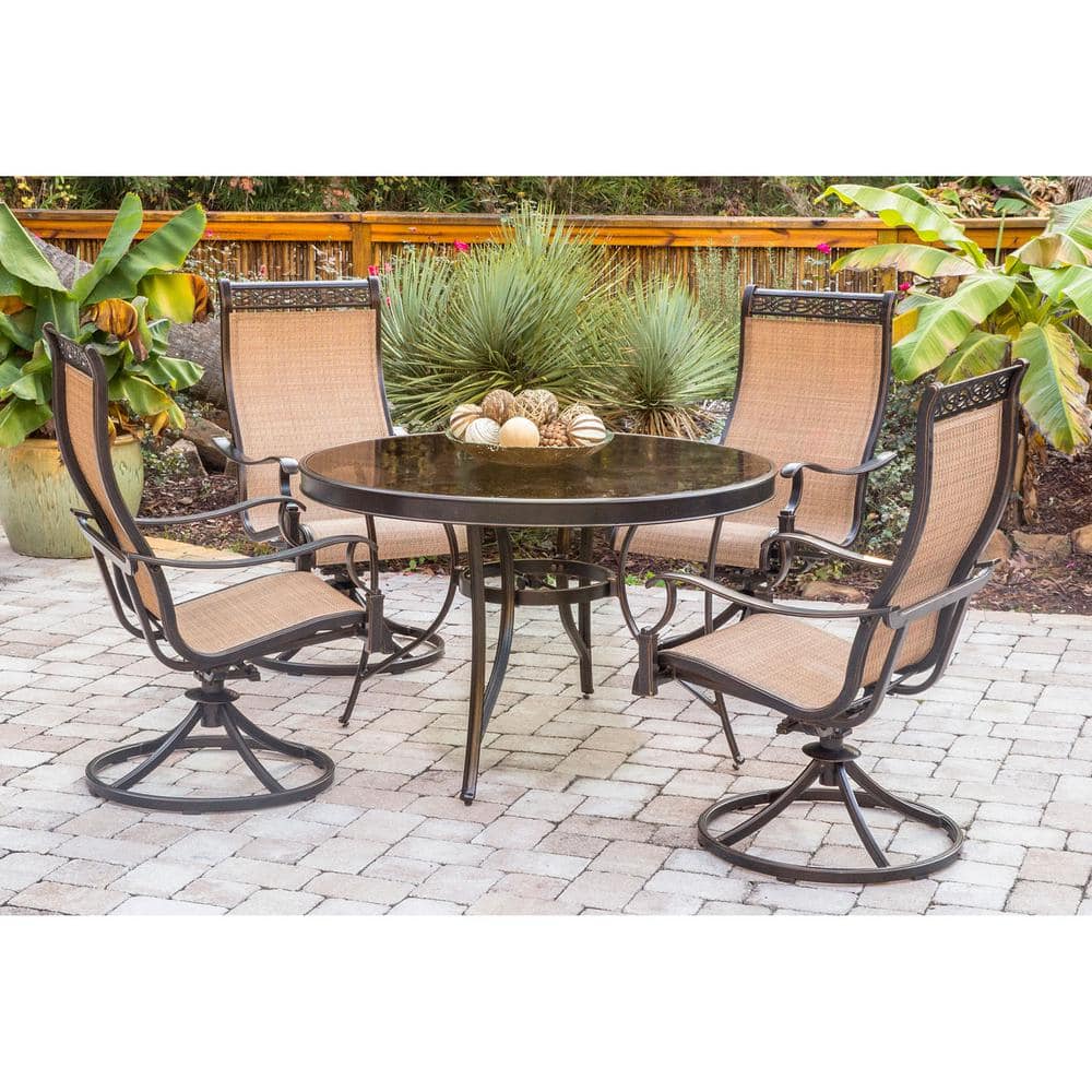 Hanover Monaco 5 Piece Aluminum Outdoor Dining Set with Round Glass Top Table and Contoured Sling Swivel Chairs MONDN5PCSWG The Home Depot