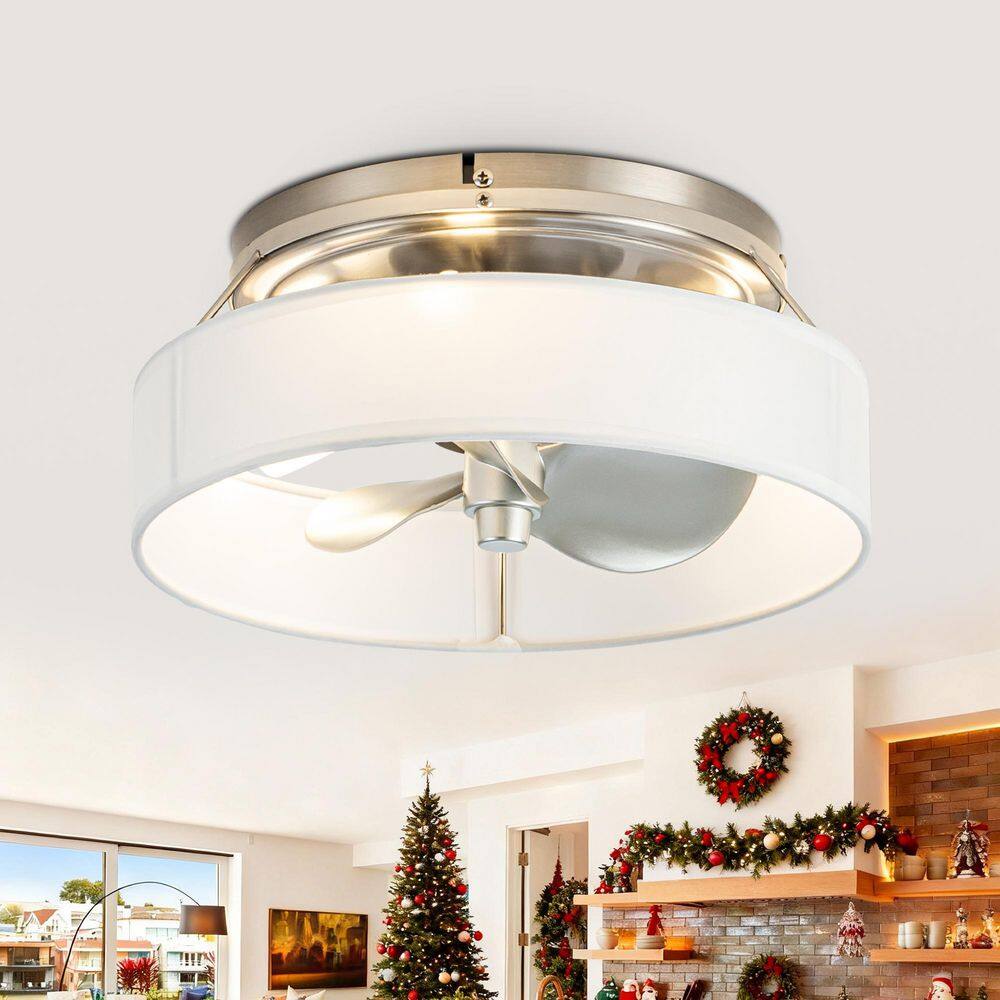 12.6 in. Indoor Satin Nickel Caged Flush Mount Low Profile Ceiling Fan with Light and Remote Control price history on PriceWatchPro