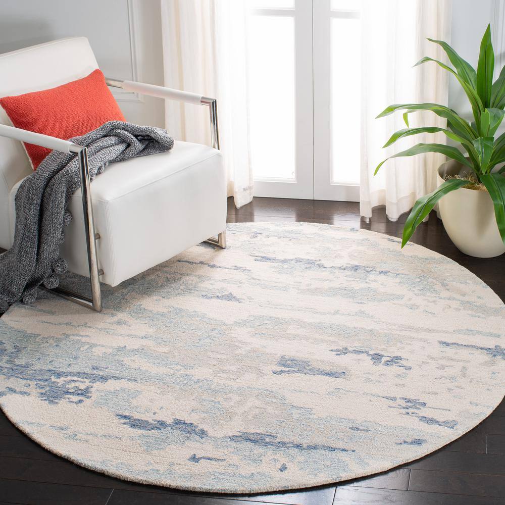 Ivory and Blue Round Hand-Tufted Wool Abstract Rug