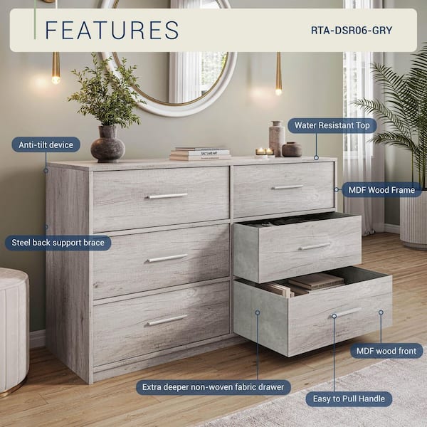 grey dresser with wood top Techni Home Frame 6 Large Fabric Drawers tall gray dresser