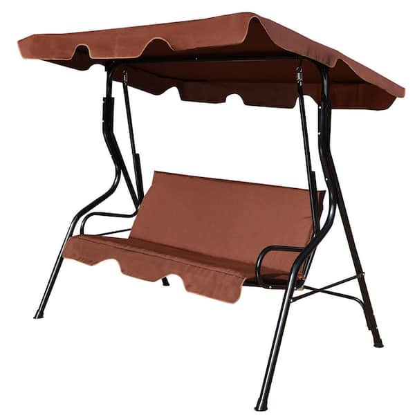 Unbranded 3-Person Brown Steel Frame Outdoor Patio Canopy Swing with Cushioned