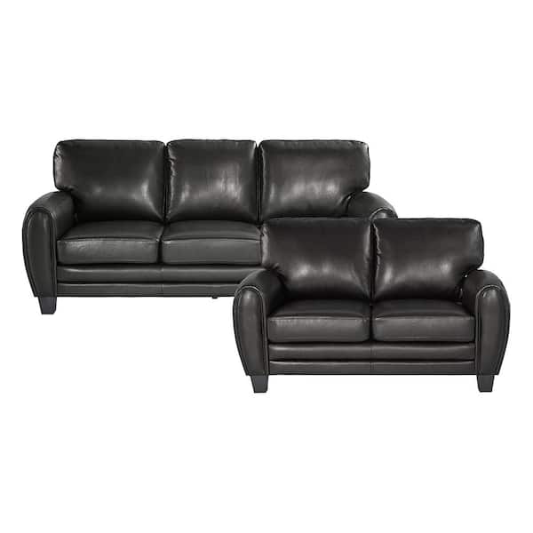 Lazzara Viggo 85 in. W Round Arm Faux Leather Rectangle 2-Piece Living Room Sofa Set in Black