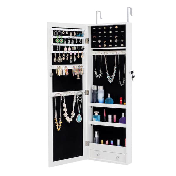 Donason White Jewelry Armoire with Mirror (43.4 in. H x 14.2 in. W x 3.86 in. D) Can Be Hung On The Door Or Wall