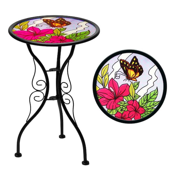 Everyday 14 in. Round Glass Butterfly Floral Pattern Outdoor Side Table