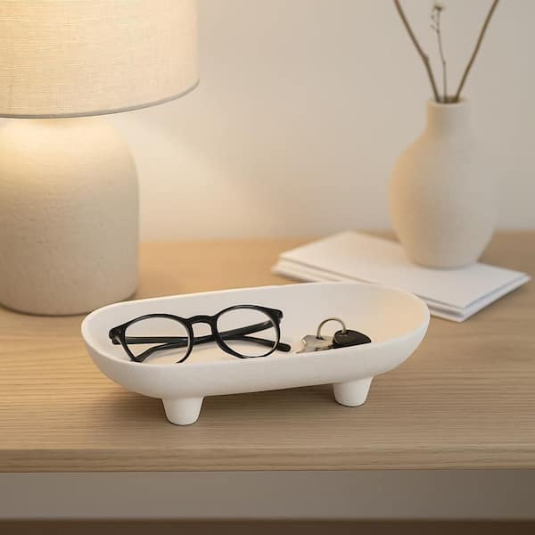 White 10 in. Stoneware Rounded Rectangle Footed Decorative Bowl