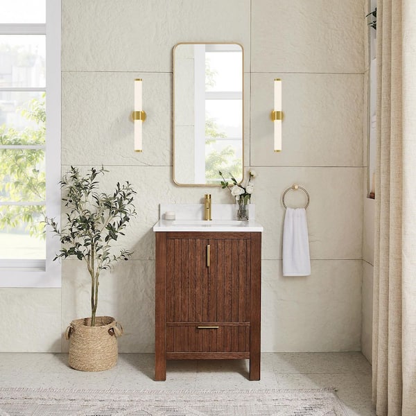 Shenzhen 24 in. W x 22 in. D x 34 in. H Single Bath Vanity in Aged Dark Brown Oak with White Engineered  Stone Top