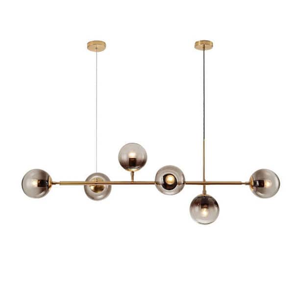 OUKANING 6-Light Modern Gold Globe Chandelier Kitchen Island Pendant Light with Smoky Gray Glass Shade