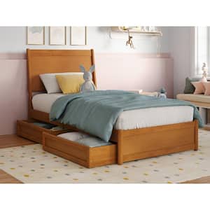 Casanova Light Toffee Natural Bronze Solid Wood Frame Twin Platform Bed with Panel Footboard and Storage Drawers