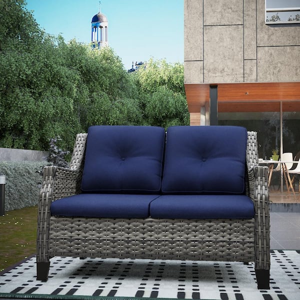 Brown Wicker Outdoor Loveseat Patio Sofa Deep Seating with Blue Cushions