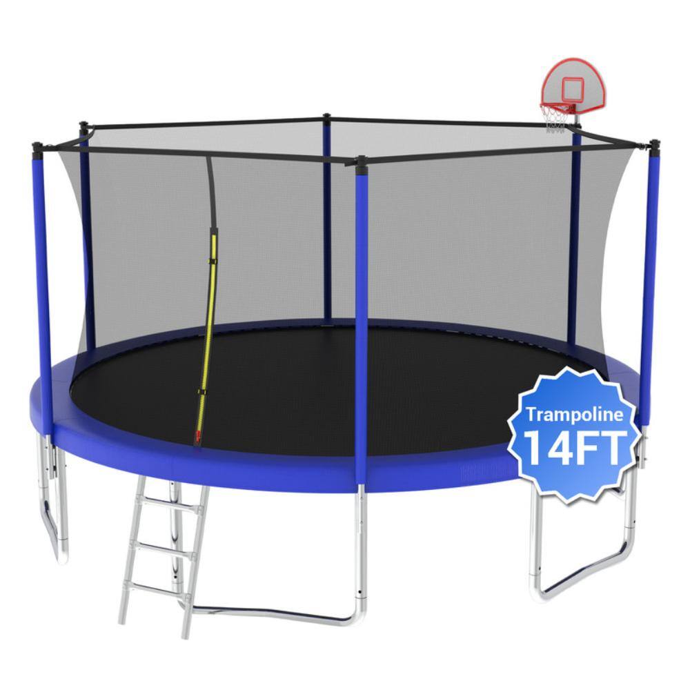 14FT Blue Trampoline with Enclosure Net, Ladder & 84 Springs, Heavy-Duty Galvanized Steel Outdoor Trampoline for Kids