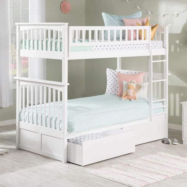 Columbia Bunk Bed Twin over Twin with 2 Urban Bed Drawers in White