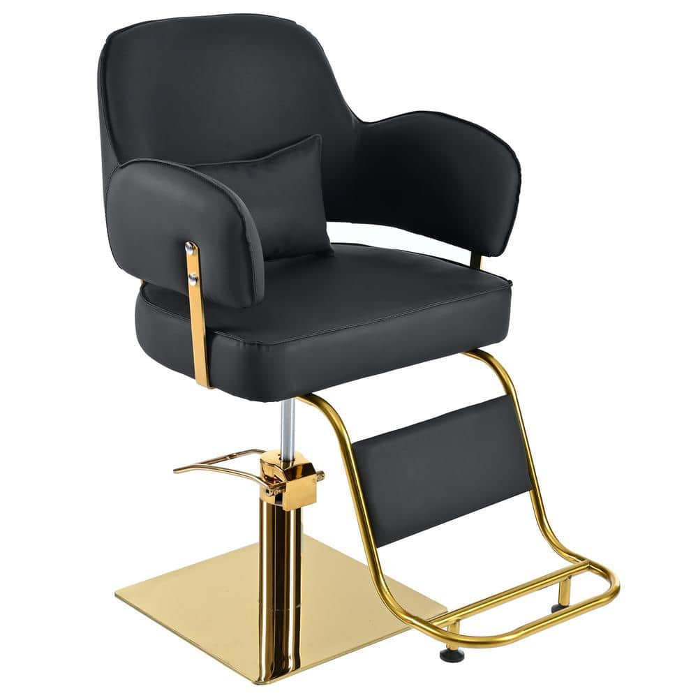 Leather Swivel Barber Chairs in Black Ergonomic Armrest Salon Chair with He