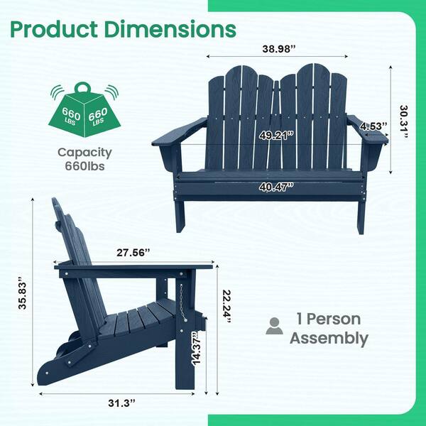 JEAREY Classic Navy Blue Plastic Adirondack chair 2-Person Outdoor