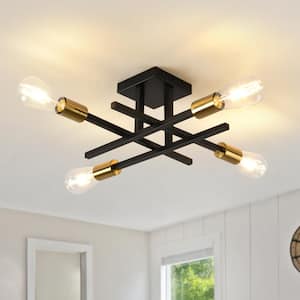 18.11 in. 4-Light Modern Black and Golden Semi- Flush Mount for Corridor Bedroom with No Bulbs Included