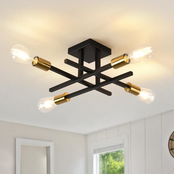 ZJVAIVE 18.11 in. 4-Light Modern Black and Golden Semi- Flush Mount for Corridor Bedroom with No Bulbs Included