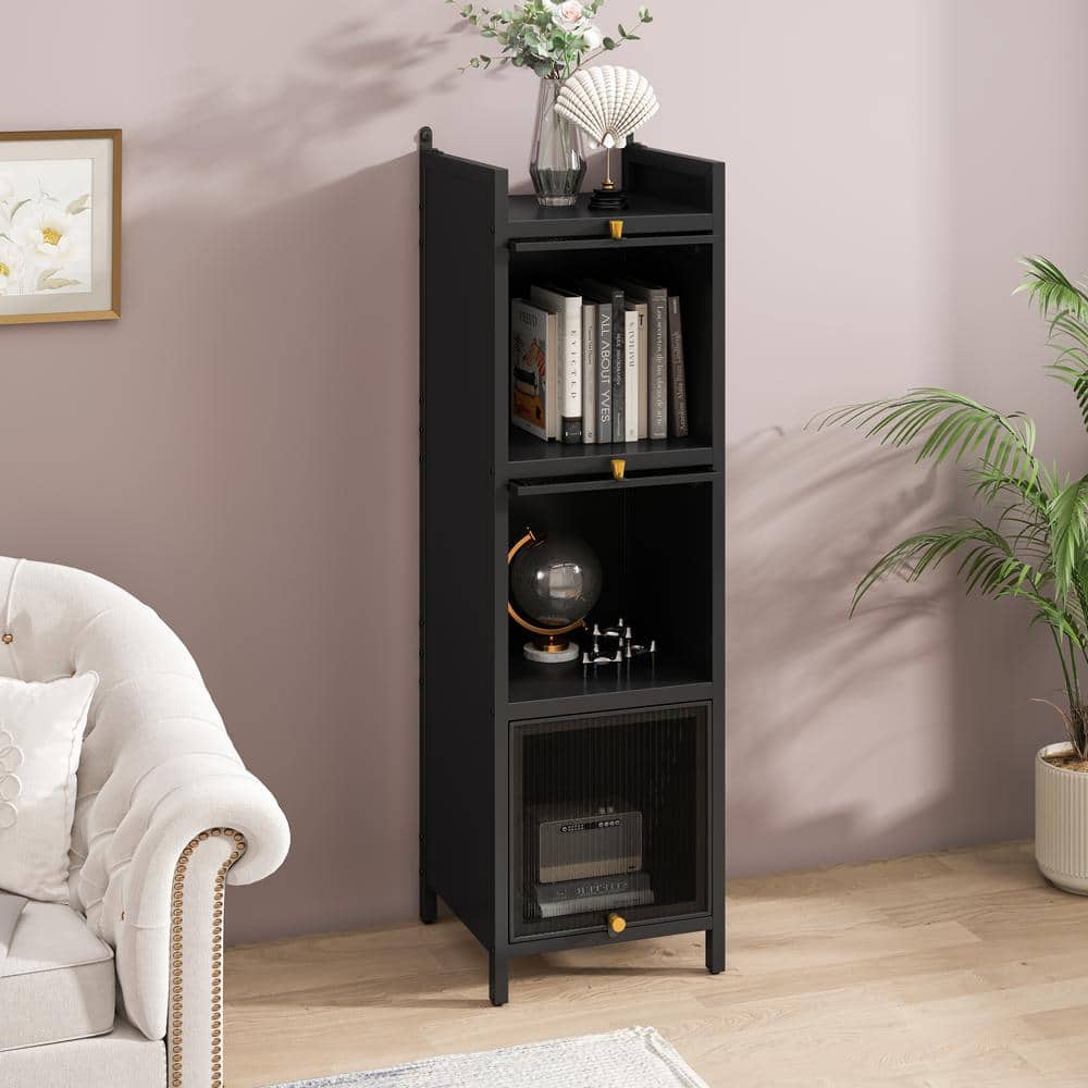 Black 47 in. Glass Door Iron Storage Cabinet with 4-Tier Storage Accent Boo