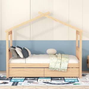 Natural Twin Size Wood House Bed, Kids Bed with 2 Drawers