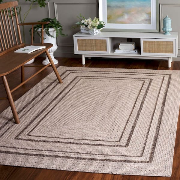 Braided 2 ft. x 4 ft. Beige/Brown Striped Border Solid Color Area Rug