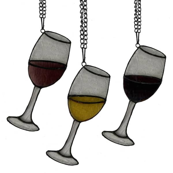 River of Goods Wine Glass Trio Stained Glass Window Panel Set, Red