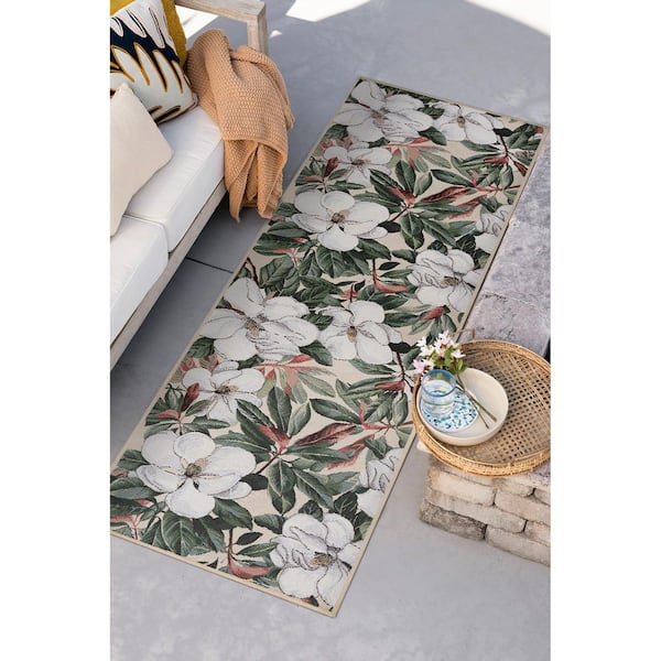Stunning Cream 2 ft. x 8 ft. Floral Indoor/Outdoor Runner Rug