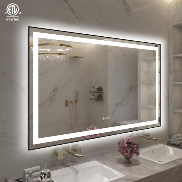 60 in.W x 36 in. H Large Rectangular Framed Anti-Fog LED Light Wall Mounted Bathroom Vanity Mirror in Matte Black