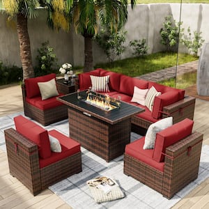 Brown 8-Piece Wicker Patio Conversation Set With Wine Red Cushions