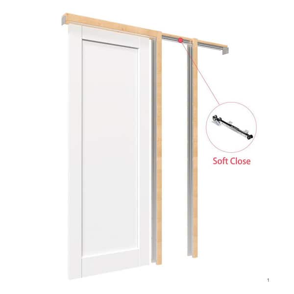 56 in. x 80 in. White Primed Double Door Composite 1-Panel Core Pocket Door with Soft Close, Frame and Hardware Kit Set