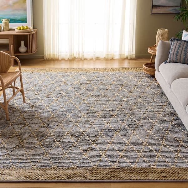 Natural Fiber 10 ft. x 14 ft. Light Blue Border Multi-Diamond Area Rug