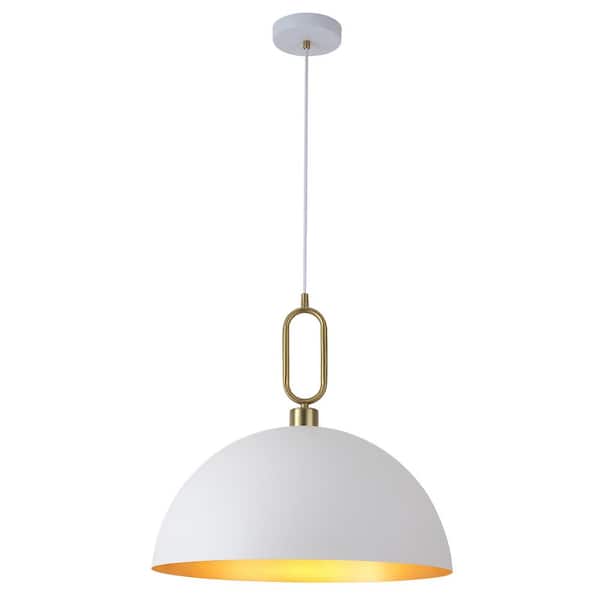 1-Light White and Gold Dome Hanging Pendant Light Chandelier with Metal Cover for Kitchen Island
