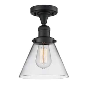 Cone 7.75 in. 1-Light Matte Black Semi-Flush Mount with Clear Glass Shade
