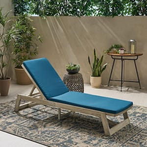 Maki Light Grey Wash 1-Piece Wood Outdoor Chaise Lounge with Blue Cushions