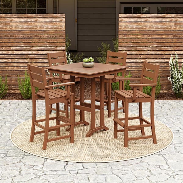 POLYWOOD Grant Park Teak 5-Piece HDPE Plastic Arm Chair Farmhouse Trestle Bar Set