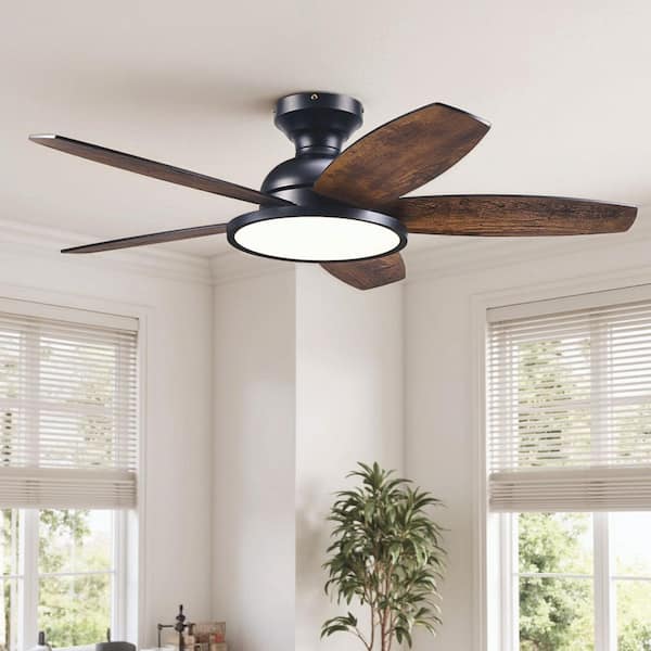 42 in. Integrated LED Black Walnut Low Profile Flush Mount Modern Standard Ceiling Fan with White Light and Remote