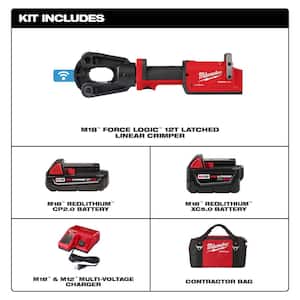 M18 18V 12-Ton Lithium-Ion Cordless FORCE LOGIC Inline Crimper with 2-Batteries, Charger Tool Bag