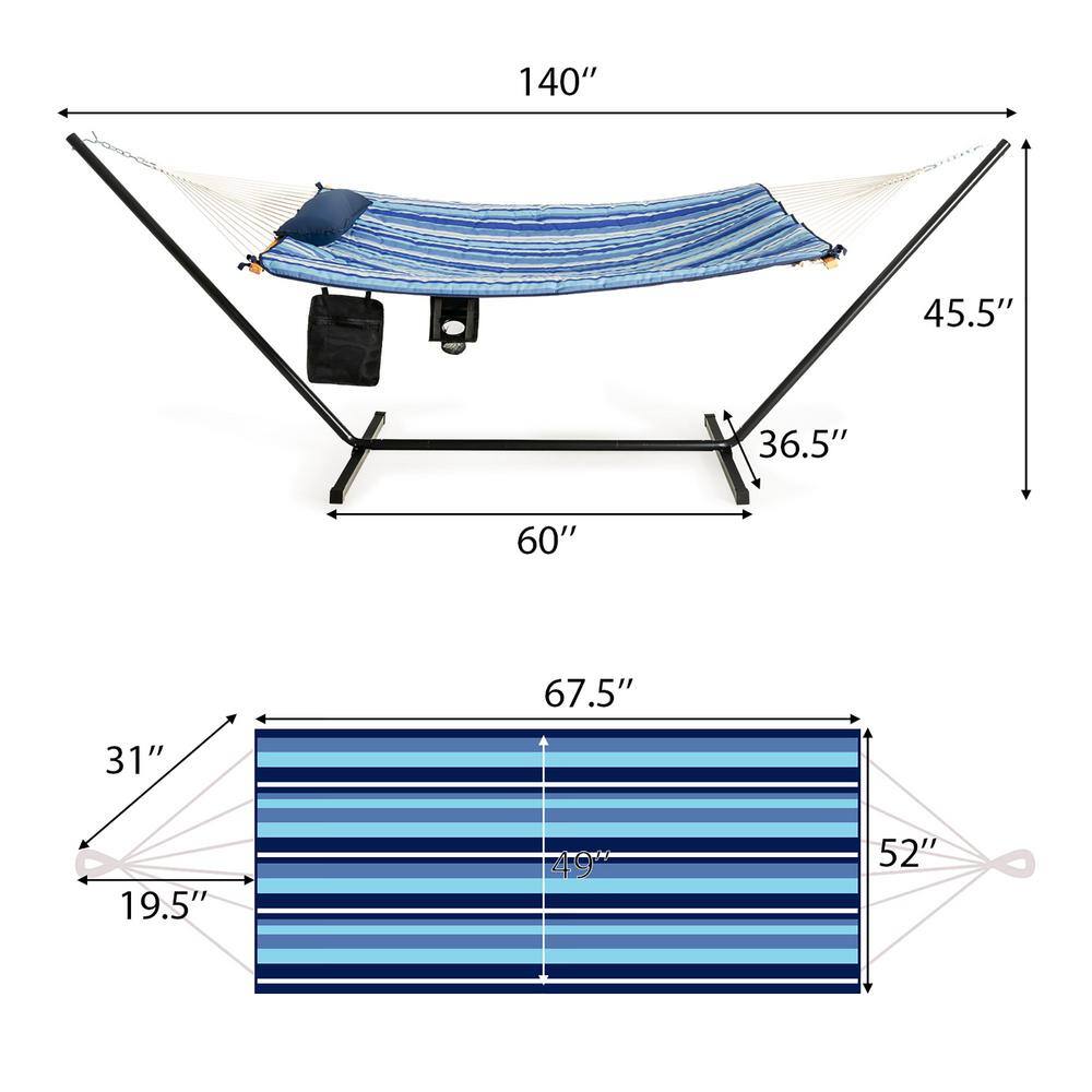 Blue Striped Cotton Hammock Chair Stand Set with Pillow and Cup Holder