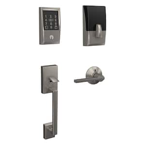 Century Satin Nickel Electronic Encode Plus Smart WiFi Deadbolt with Alarm and Handleset Grip with Latitude Door Handle