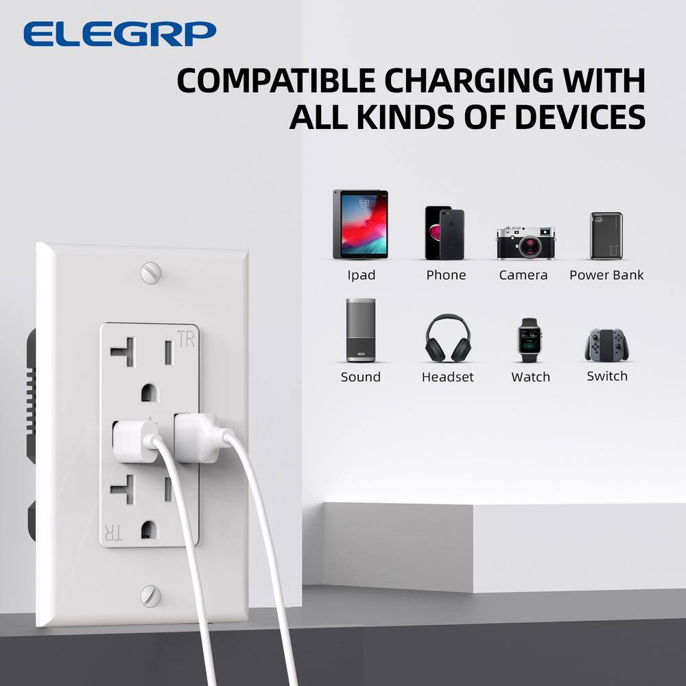Black and White 21W USB Wall Outlet with Type A and Type C Ports, 6 Pack