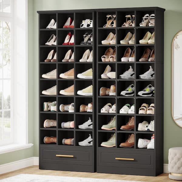 BYBLIGHT 70.86 in. H x 25.6 in. W Black 24-Pairs Tall Shoe Storage Cabinet with Drawer, 9-Tier Shoe Rack for Entryway, (2-Piece)