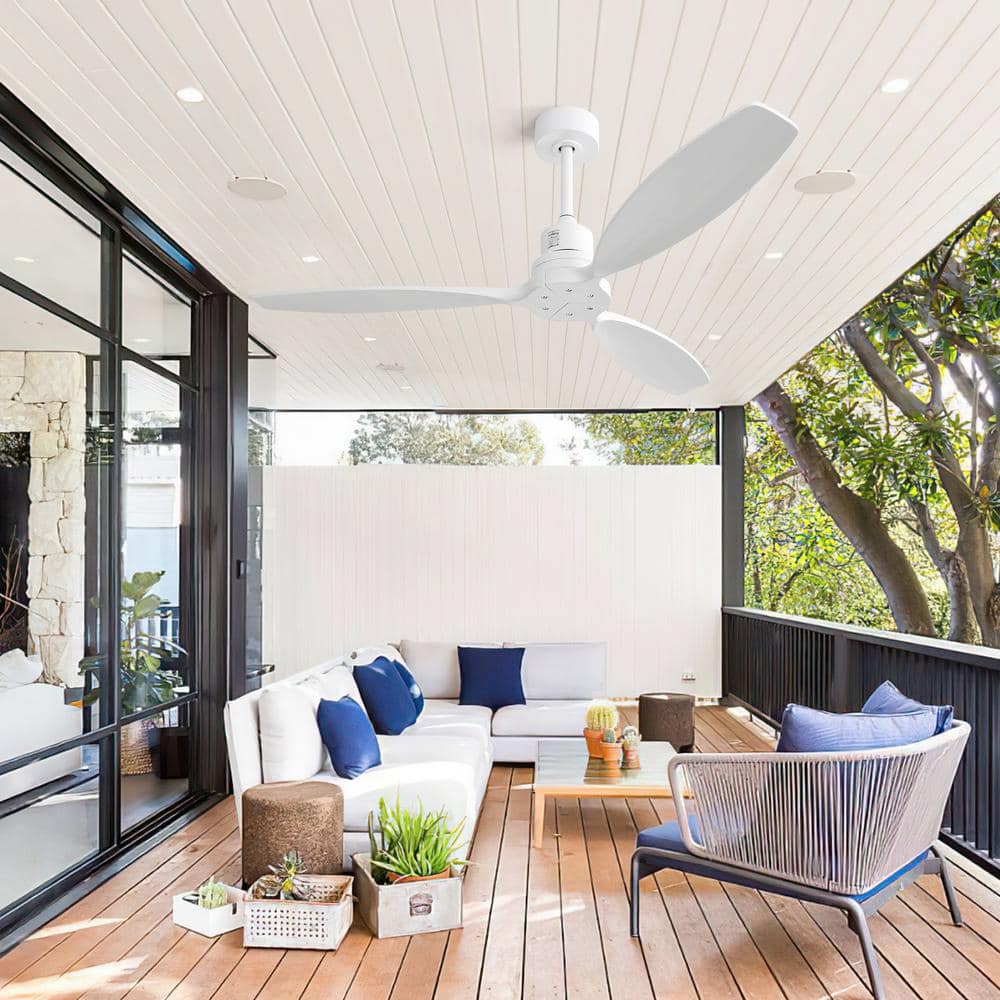 52 in. Smart Indoor White Ceiling Fan with Remote Control and 3 Solid Wood 