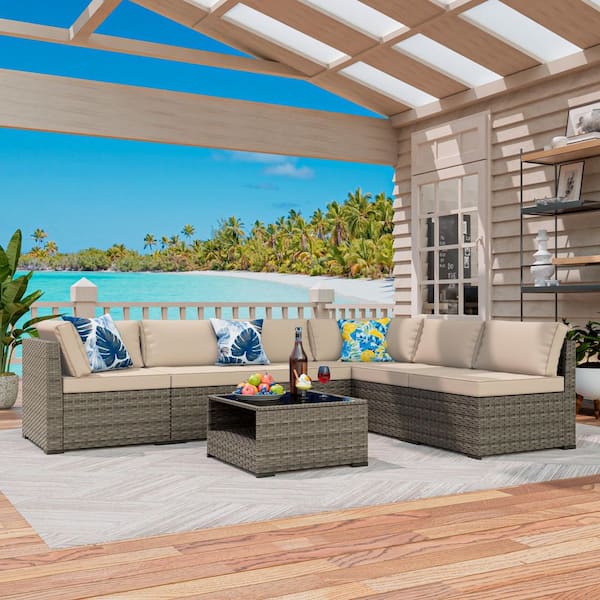 MeetLeisure 7-Piece Steel Plastic Rattan Wicker Outdoor Patio Conversation Seating Set Coffee Table with Beige Cushions
