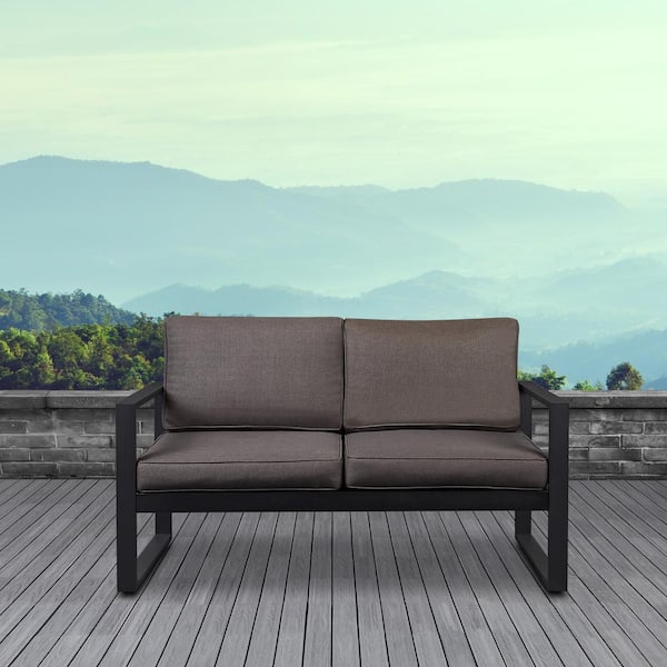 Baltic Black Powder Coated Aluminum Outdoor Loveseat with Dessert Brown Cushions