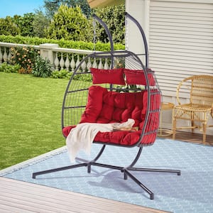 Modern 2-Person Swing Hanging Egg Rattan Chair Outdoor Patio Hammock with Red Cushions