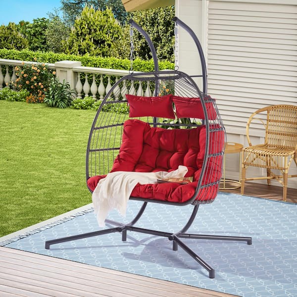 Cesicia Modern 2-Person Swing Hanging Egg Rattan Chair Outdoor Patio Hammock with Red Cushions