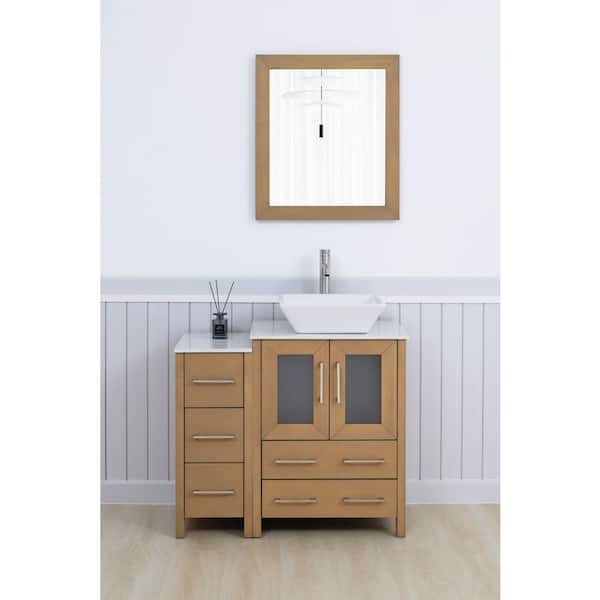 36 in. W Single Basin Natural Oak Bath Vanity with White Engineered Marble Top and Mirror