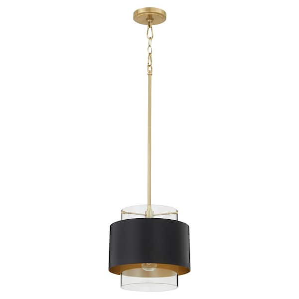 10 in. 1 Light 100-Watt Pendant Light with Clear Glass Matte Black / Aged Brass