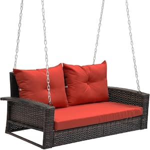 Brown Patio Swing Lounge with Cushions 2-Person Rattan Hanging Porch Swing Chair Outdoor