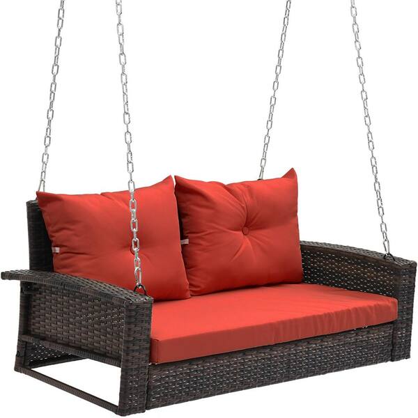 DEXTRUS Brown Patio Swing Lounge with Cushions 2-Person Rattan Hanging ...