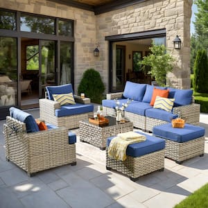 Kelley's 8-Piece Wicker Modern Outdoor Patio Conversation Sofa Seating Set with a LED Table and Sky-Blue Cushions